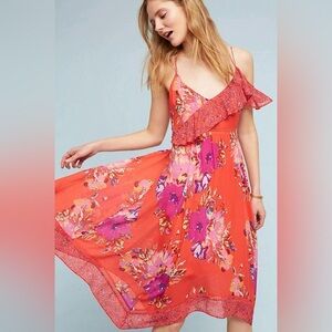 Maeve Grecia Ruffle Midi Dress Sz 0 Red Floral Asymmetrical Flowy Strappy Dress